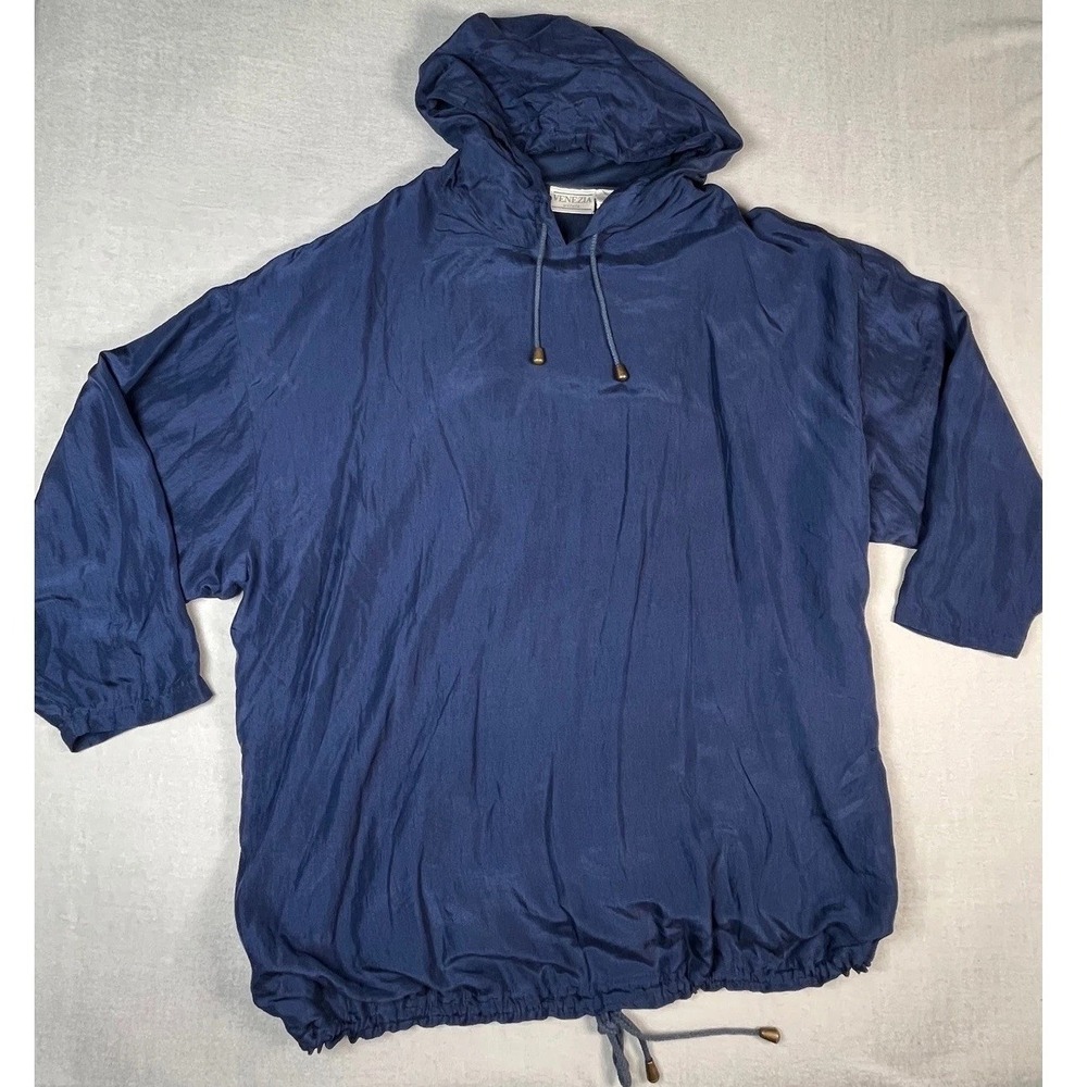 Venezia Vitale Navy Blue Silk Hooded Pullover AnorakJacket Drawstring Size 22/24